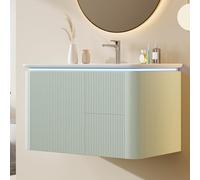 Meuble sous lavabo mural 80,5 cm vert avec capteur LED et façade 3D - Armoire de salle de bain avec 4 tiroirs à fermeture douce (système mère enfant) et bassin en céramique intégré | MDF résistant à