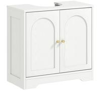 Meuble sous vasque design effet bois blanc poignées métal doré étagère dim. 60 x 30 x 65 cm Blanc G