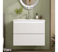 Meuble sous lavabo suspendu 61 cm - Blanc LED - Céramique. | Armoire de salle de bain suspendue avec lampe à capteur radar LED, 2 tiroirs, lavabo en céramique et protection