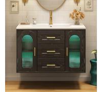 Meuble sous lavabo suspendu 76 cm - Verre LED noir | Armoire de salle de bain avec porte en verre striée, application LED, étagères réglables et vasque en céramique pour WC