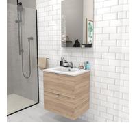 Meuble sous-vasque 2 tiroirs MALAGA 60 cm + vasque + miroir / Décor Chêne blanchi