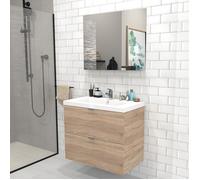 Meuble sous-vasque 2 tiroirs MALAGA 80 cm + vasque + miroir / Décor Chêne blanchi