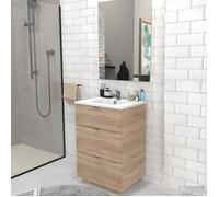 Meuble sous-vasque 3 tiroirs MARBELLA 60 cm + vasque + miroir / Décor Chêne blanchi