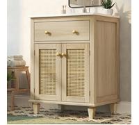 Meuble Sous-Vasque 61 cm Blanc Porte Abattante Étagères Rotin Réglables Sans Robinet Salle de Bains