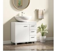 Meuble Sous Vasque Blanc En MDF Meuble Salle De Bain FloraGrace 1 Porte 3 Tiroirs Découpe En U 70x30x64cm