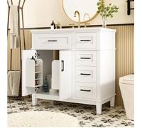 Meuble Sous Vasque Blanc Laque, Meuble Sur Pieds FloraGrace, Pour Salle De Bain, Rangement Avec 4 Tiroirs, 90x46x87cm