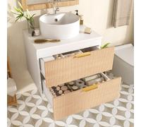 Meuble sous-vasque de 60 cm, à fixer au mur, avec vasque en céramique, aspect bois, 2 tiroirs et plan de travail