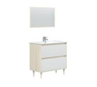 Meuble sous vasque en panneaux de particules mélaminés coloris chêne avec miroir - Longueur 80 x Profondeur 45 x Hauteur 80 cm