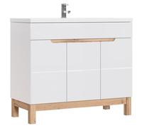 Meuble sous vasque ERMANO – Chêne clair et blanc brillant – 100x84 cm – 3 portes – À poser