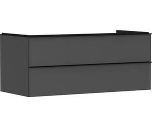 Meuble sous-vasque Hansgrohe Xelu Q, couleur gris diamant mat, dimensions 1180/550, avec 2 tiroirs, conçu pour une console avec découpe centrale. Poignée : noir mat