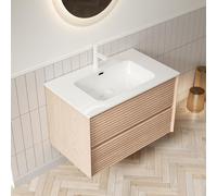 Meuble sous vasque mural - Blanc avec placage en bois de noyer - Largeur 81 cm