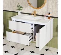 Meuble sous vasque salle de bain LED-Meuble lavabo suspendu en céramique main wc et bassin intégré -91×46.5×50.5cm -blanc