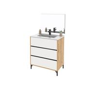Meuble sous-vasque sur pieds à 3 tiroirs avec miroir (sans lavabo) coloris Blanc/Chêne