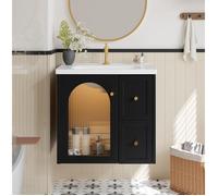 Meuble sous vasque suspendu 60,5 cm avec vasque en céramique, LED intégrée, porte en verre rainuré, noir