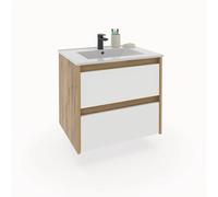 Meuble sous-vasque suspendu à 2 tiroirs (sans lavabo) coloris Blanc/Chêne