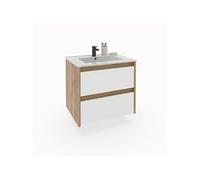 Meuble sous-vasque suspendu à 2 tiroirs (sans lavabo) coloris Blanc/Chêne - Longueur 60 x Hauteur 59,5 x Profondeur 45,5 cm- -