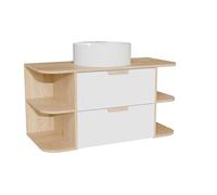 Meuble sous vasque suspendu AVORELI - Niches, 2 tiroirs, vasque ronde, Mélaminé, Blanc et naturel clair, L100 cm