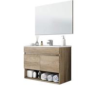 Meuble sous-vasque Suspendue avec 2 portes + miroir coloris nordik - 80 cm (longueur) x 64 cm (Hauteur) x 45 cm (Profondeur)
