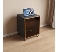 Meuble stéréo à portes vitrées, support audiovisuel roulant avec étagères | Portes verre trempé, roulettes verrouillables, étagères ajustables, gestion câbles intégrée(Gray-Gold,60cm/24in)