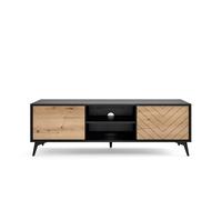 Meuble Télé 2 portes Chêne et Noir pieds métal 154cm - THAÏS