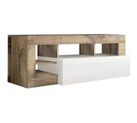 ARTURO - Meuble TV 1 Abattant Blanc Laqué Encadrement Niches Aspect Bois Antik