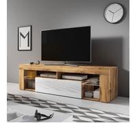 Meuble TV 1 porte 140x35x50 cm chêne et blanc avec LED - PUEBLA
