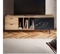 Meuble TV 1 porte 2 tiroirs 150x40x55 cm décor chêne et marbre noir
