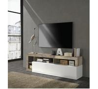 Meuble TV 1 porte - Finition Blanc Laqué et Effet Bois Vintage - L 184 x P 42 x H 56 cm - MAESTRO