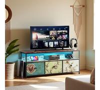 Meuble TV 108 cm avec éclairage LED, 4 tiroirs en tissu imprimé, plateau bois tigre, cadre métal, pieds ajustables