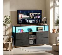 Meuble TV 108 cm avec LED, plateau effet bois tigre, 4 tiroirs en tissuPolyuréthanenoir, cadre métal robuste, pieds réglables, style rétro-moderne
