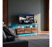 Meuble TV 108 cm LED, plateau effet bois tigre, 3 tiroirs tissu vintage, cadre métal robuste, pieds réglables, style rétro-moderne