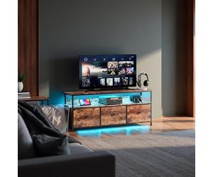 Meuble TV 108 cm LED, plateau effet bois tigre, 3 tiroirs tissu vintage, cadre métal robuste, pieds réglables, style rétro-moderne