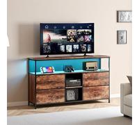 Meuble TV 108 cm LED, plateau effet bois tigre, 4 tiroirs tissu vintage, cadre métal robuste, pieds réglables, style rétro-moderne