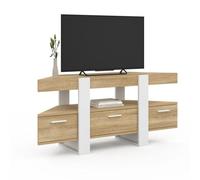 Meuble TV 110 cm d'angle PHOENIX avec tiroir bois et blanc
