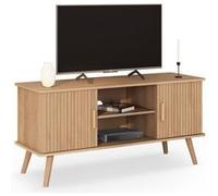 IDMarket - Meuble TV Juliette 110 cm, 2 portes, lattes et tasseau bois - Coloris chêne