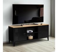 Meuble TV 113 cm ESTER 2 portes métal noir et plateau bois design industriel