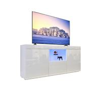 Meuble TV, , 135 x 70 x 35 cm, Bas, avec éclairage LED, Blanc Brillant, avec Portes et Rabat