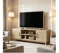 Meuble TV 135cm-Meuble télé pour téléviseur jusqu'à 65 Pouces avec 2 Portes en rotin-2 Compartiments Ouverts-Style bohème-chêne
