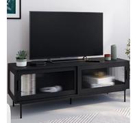 IDMarket - Meuble TV 140 cm ZINEB 2 Portes coulissantes vitrées façade cannelée Noir