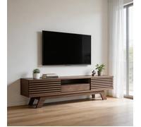 Meuble TV - 150×35×44 cm - Deux portes à lattes vintage - Tiroir spacieux - Passages câbles, charge 50 kg