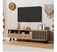 Meuble TV 150 cm en bois naturel et noir, 2 tiroirs, 1 placard, 2 compartiments ouverts