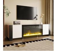 Meuble TV 165 cm avec cheminée électrique décorative effet flamme sans chauffage 2 portes blanc noir brillant ORVRYN