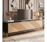 Meuble TV 179cm - 4 Portes avec Relief 3D - Pieds en Métal Doré - Grand Rangement - Style Luxe Moderne - Noir et Bois