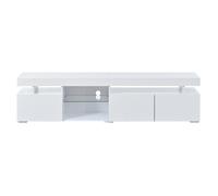 Meuble TV 180×35×45 cm Blanche Haute Brillance, 3 Portes, Étagères Verre Trempé Réglables, Compatible TV 80 Pouces