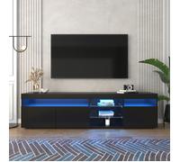 Meuble TV 180×35×45cm, buffet de salon, Meuble bas de salle à manger, noir brillant, avec lumière LED, 3 portes, étagère en verre