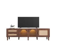 Meuble TV 180 cm avec 2 tiroirs en rotin & 2 portes vitrées cintrées,Buffet TV rustique moderne LED intégrée,Marron