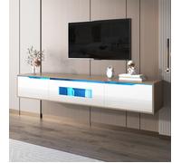 Meuble TV 180 cm blanc brillant et bois LED 16 couleurs 4 modes portes rainurées mural ou au sol design moderne
