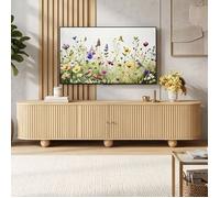 Meuble TV 180 cm - Portes Coulissantes Cannelées - Style Rétro Chic - Rangement Modulable - Pieds Boules - MDF Couleur Naturelle