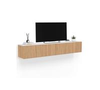 IDMarket Meuble TV suspendu Juliette 180 cm 2 portes plateau effet marbre lattes tasseau bois chêne