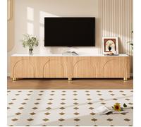 Meuble TV 180 x 35 x 40 cm à 4 portes avec relief arche, pieds métal dorés, blanc et bois naturel